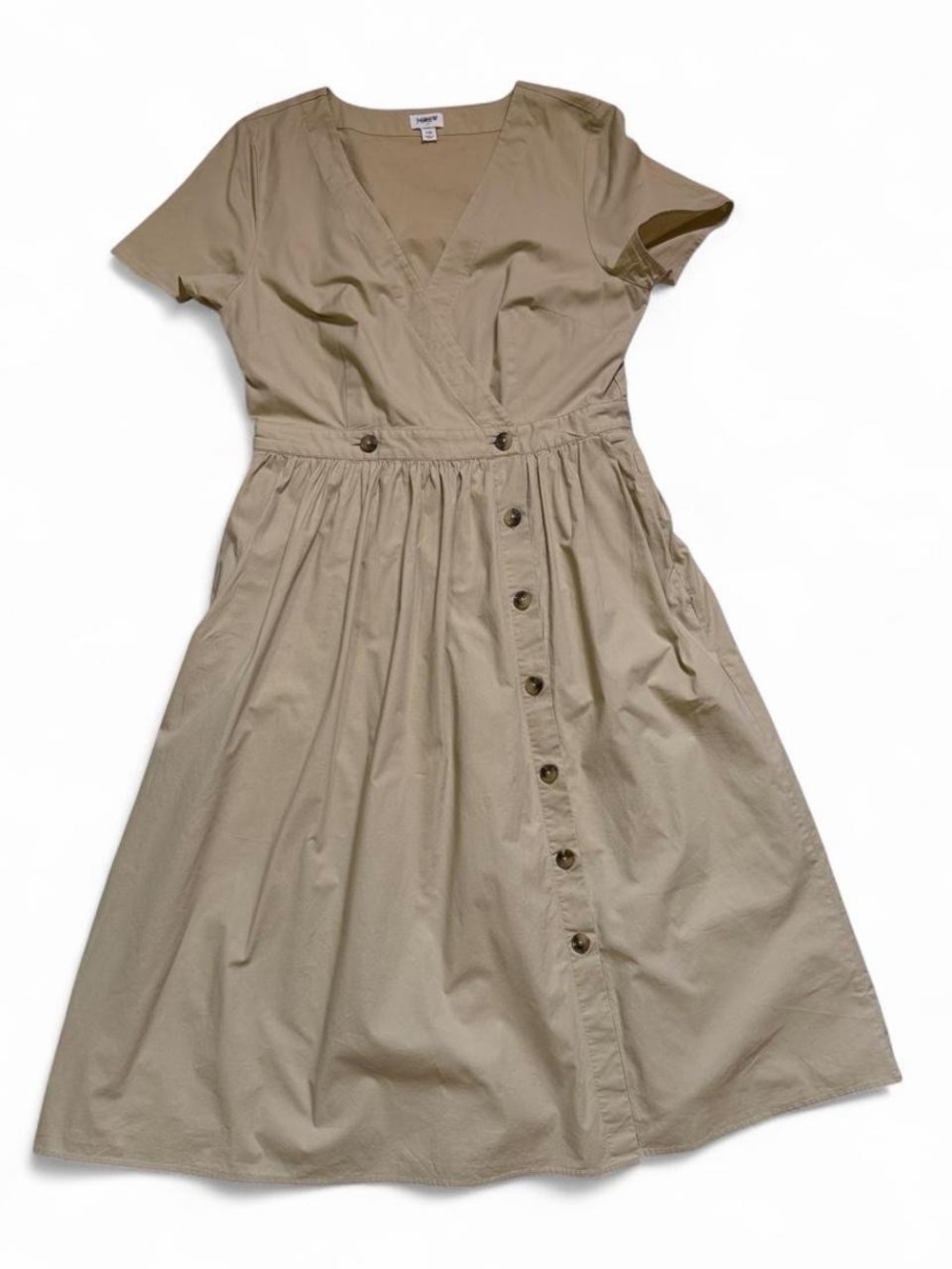 JCrew Tan Beige Short Sleeve Cotton Button Front Wrap Midi Dress
